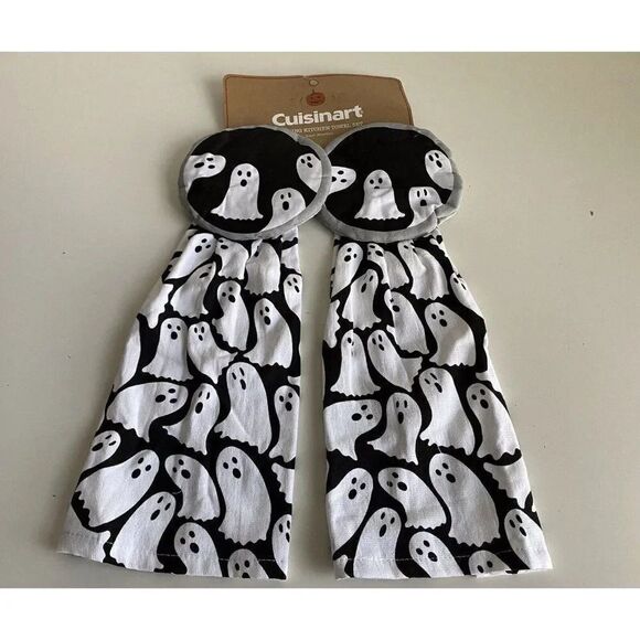 Set Of 2 CUISINART HANGING KITCHEN Hand TOWELS Halloween GHOSTS NEW - Picture 1 of 12
